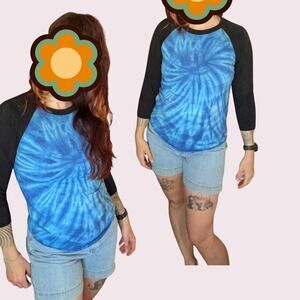 Y2K vibes three quarter length sleeve ringer t with blue tye dye